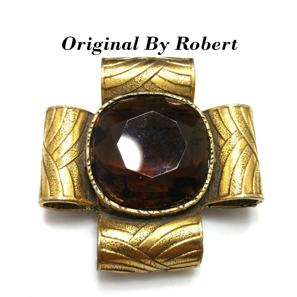 Mid-Century "Original By Robert" Topaz Glass Brooch Pendant, Gold Plated, 1950s